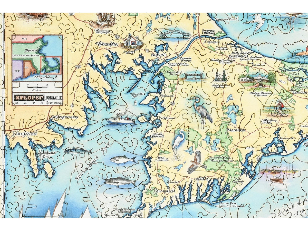 A closeup of the front of the puzzle, Cape Cod Xplorer Map, showing the detail in the pieces.