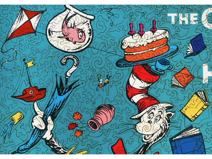 A closeup of the front of the puzzle, The Cat in the Hat, showing the detail in the pieces.