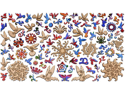 The whimsy pieces that can be found in the puzzle, A Charm of Hummingbirds.