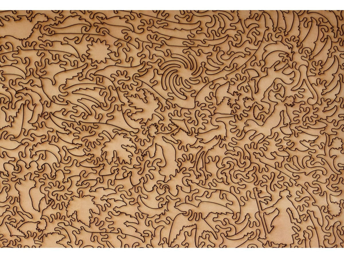 A closeup of the back of the puzzle, Chiyogami Chrysanthemums, showing the detail in the pieces.