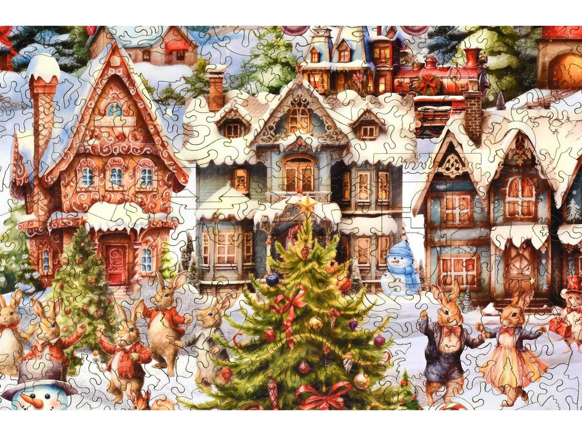 A closeup of the front of the puzzle, Christmas Village, showing the detail in the pieces.