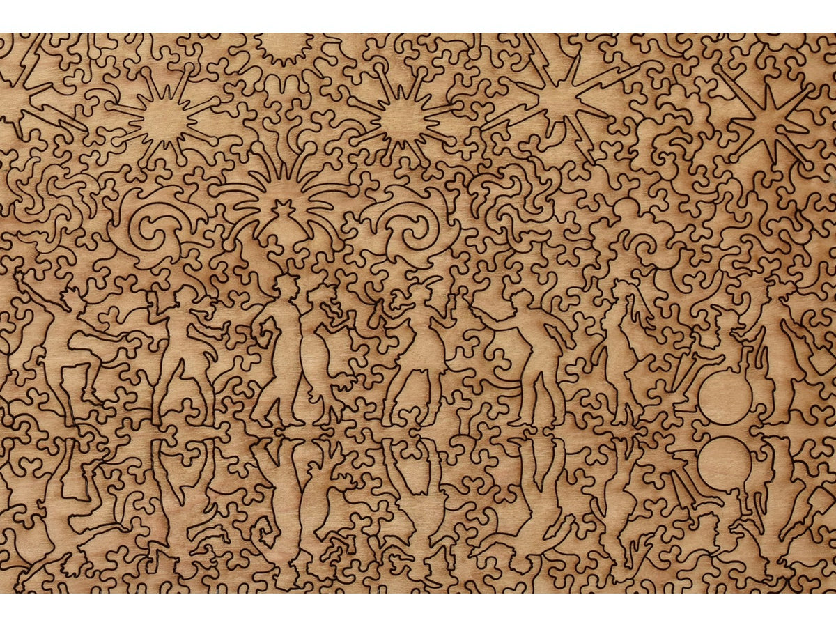 A closeup of the back of the puzzle, City Celebration, showing the detail in the pieces.