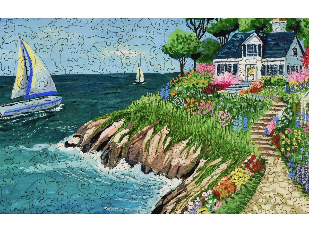 A closeup of the front of the puzzle, Coastal Calling, showing the detail in the pieces.
