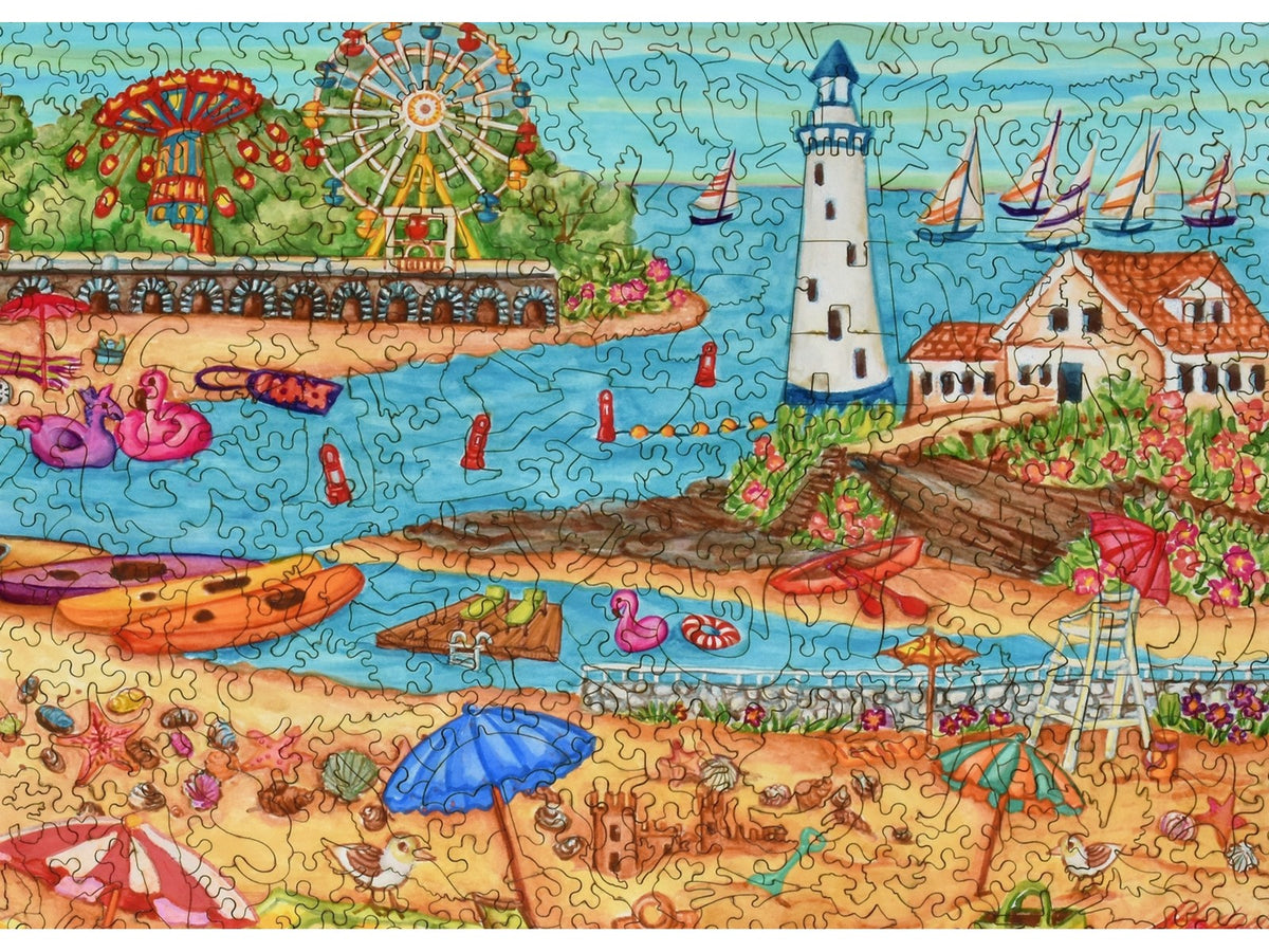 A closeup of the front of the puzzle, Coastal Pastimes, showing the detail in the pieces.