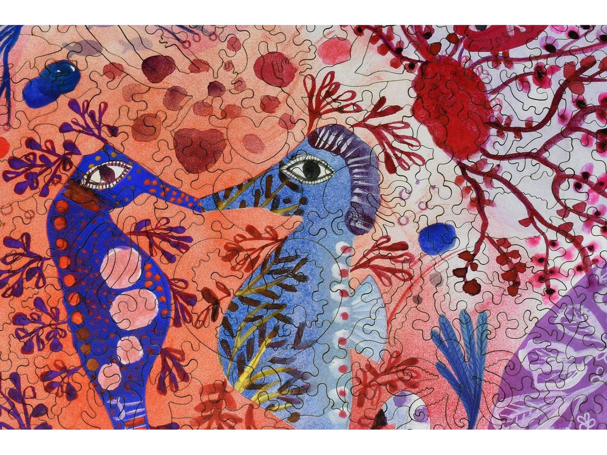A closeup of the front of the puzzle, Courtship, showing the detail in the pieces.