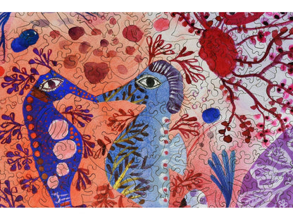 A closeup of the front of the puzzle, Courtship, showing the detail in the pieces.