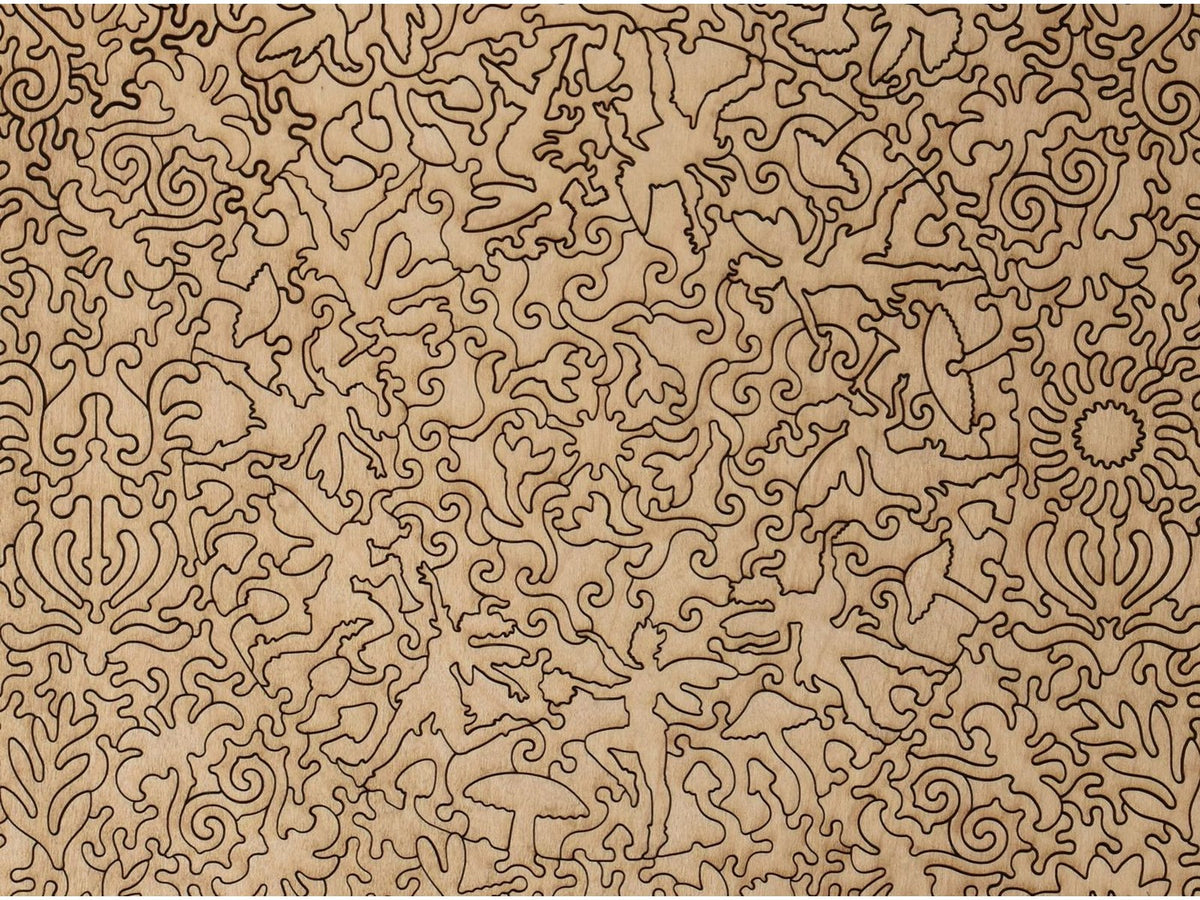 A closeup of the back of the puzzle, Dance of Spring, showing the detail in the pieces.