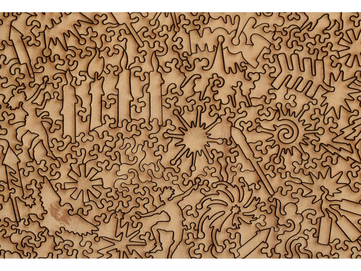 A closeup of the back of the puzzle, Fireworks, showing the detail in the pieces.