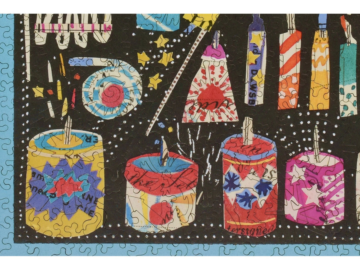 A closeup of the front of the puzzle, Fireworks, showing the detail in the pieces.