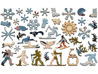 The whimsy pieces that can be found in the puzzle, First Tracks.