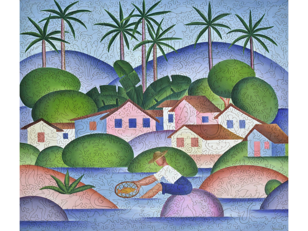 The front of the puzzle, Fisherman or Exotic Lands, showing a fisherman in the water near a village.