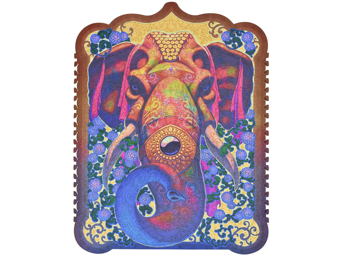 The front of the puzzle, Holi Raja, showing an elephant's head.