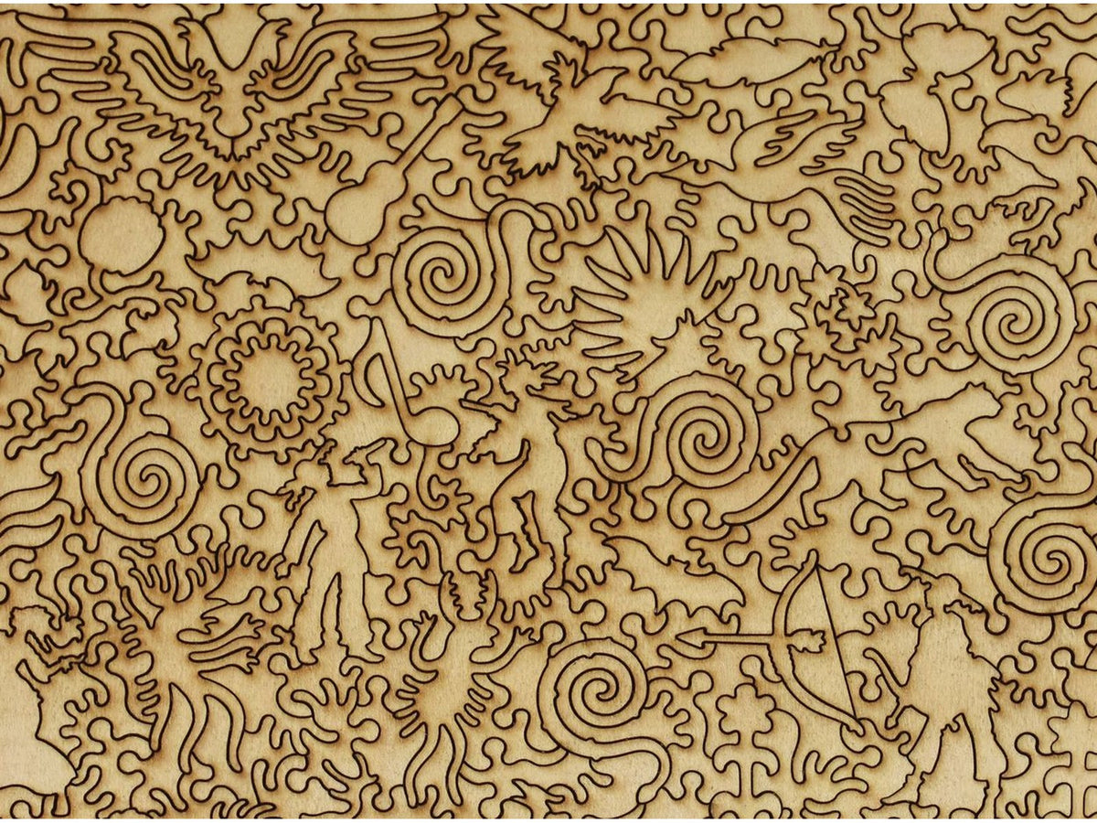 A closeup of the back of the puzzle, Huichol Culture, showing the detail in the pieces.