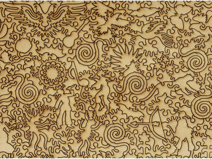 A closeup of the back of the puzzle, Huichol Culture, showing the detail in the pieces.