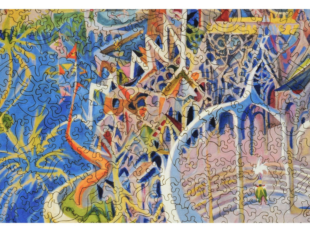 A closeup of the front of the puzzle, I Dreamed I was a Doorman at the Hotel Del Coronado, showing the detail in the pieces.