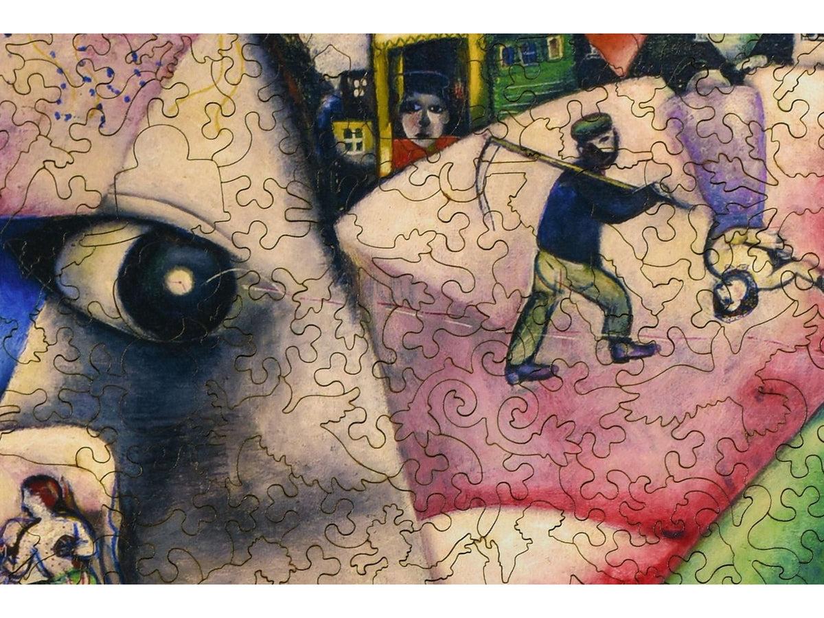 A closeup of the front of the puzzle, I and the Village, showing the detail in the pieces.