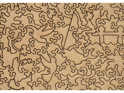 A closeup of the back of the puzzle, Japanese Bridge in Monet's Garden, showing the detail in the pieces.