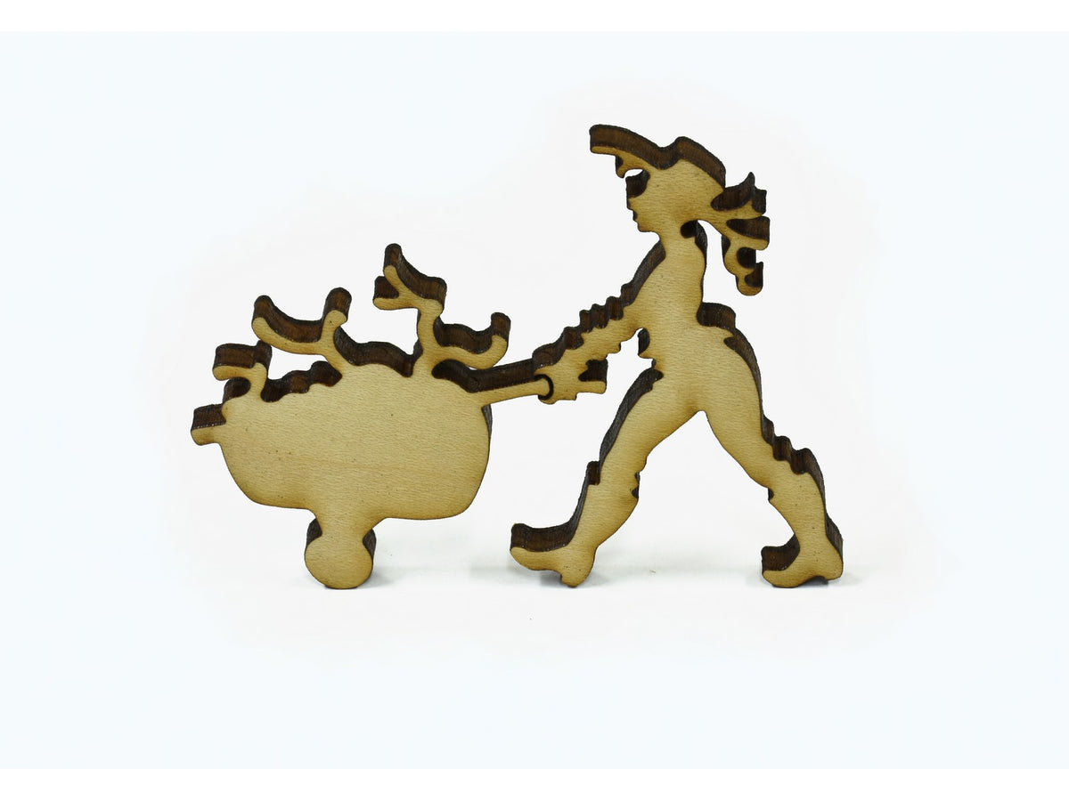 A closeup of pieces in the shape of a person and a wheelbarrow.