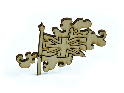 A closeup of pieces in the shape of the British flag.