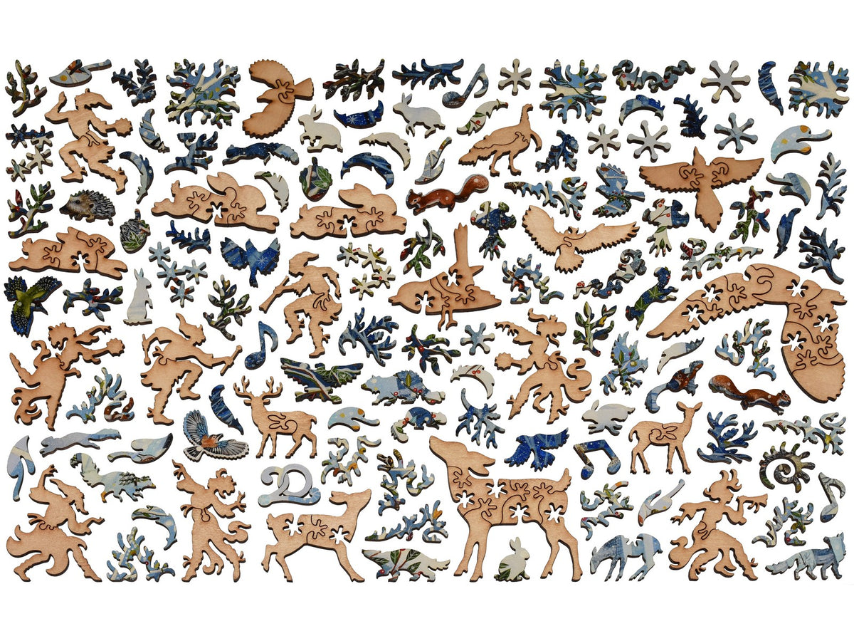 The whimsy pieces that can be found in the puzzle, Magical Winter Woodland.