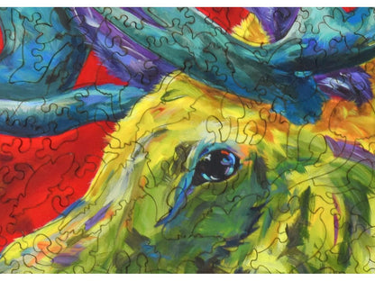 A closeup of the front of the puzzle, Troublesome Moose, showing the detail in the pieces.