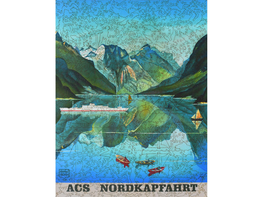 The front of the puzzle, North Cape Voyage, with boats sailing in a fjord.