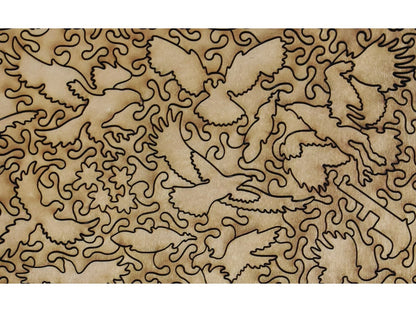 A closeup of the back of the puzzle, Oiseaux: Varieties of Birds, showing the detail in the pieces.