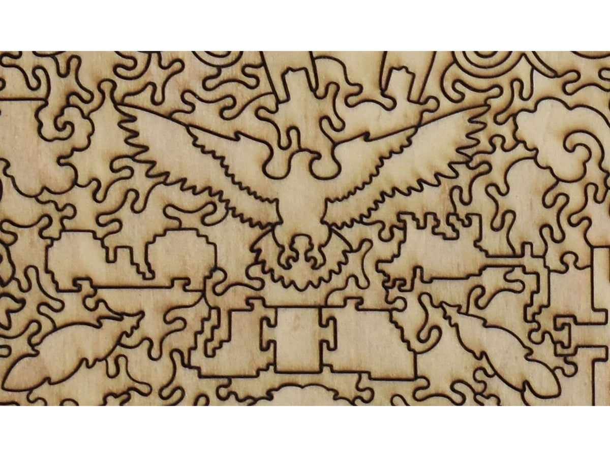 A closeup of the back of the puzzle, The Oregon Trail, showing the detail in the pieces.