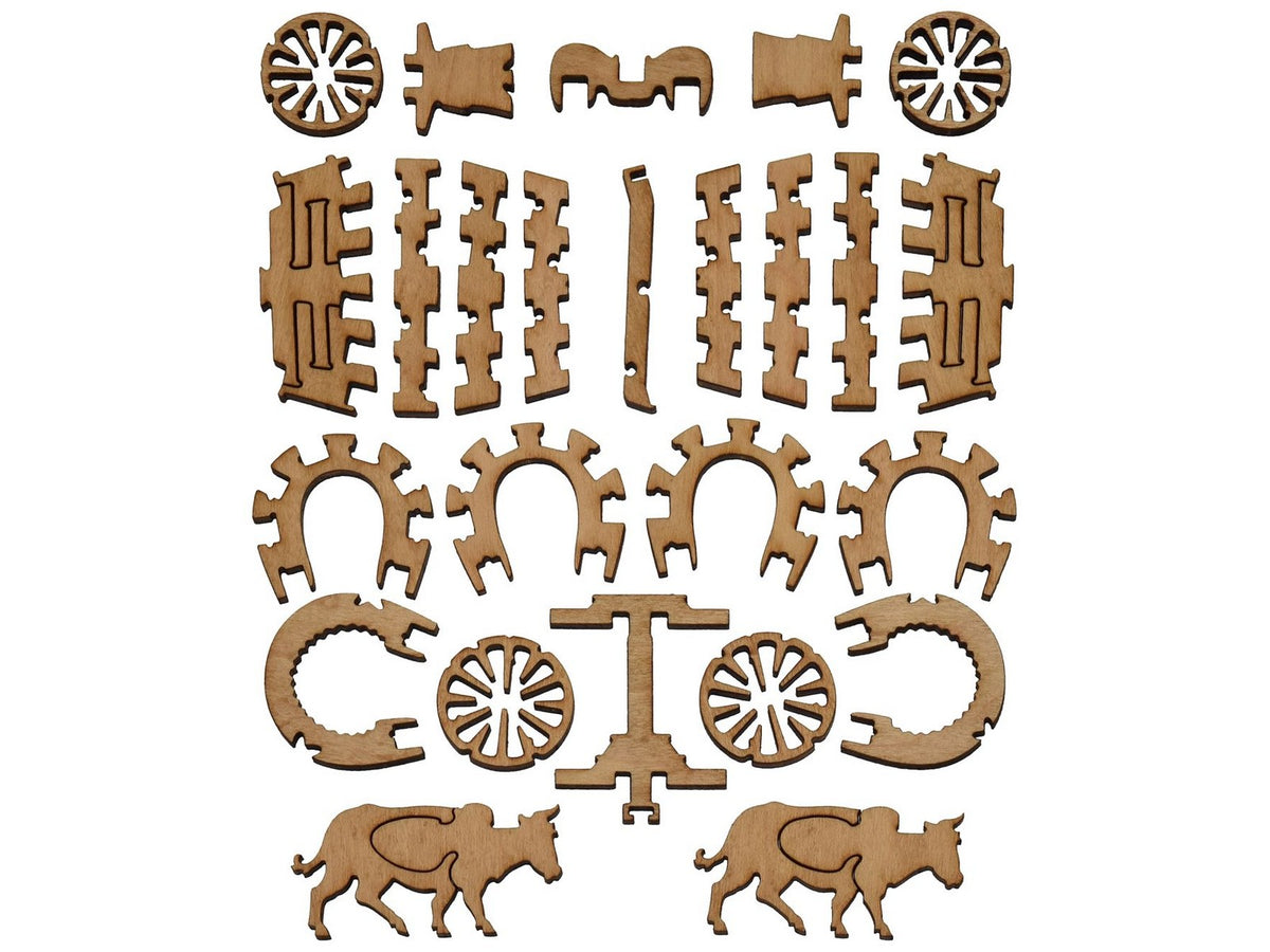 The pieces that can be used to make a three dimensional wagon.