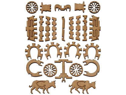 The pieces that can be used to make a three dimensional wagon.