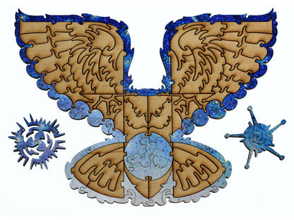 A closeup of pieces showing a multi-piece owl.