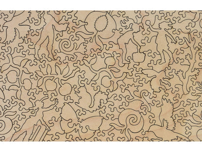A closeup of the back of the puzzle, Palisade Peach Basket, showing the detail in the pieces.