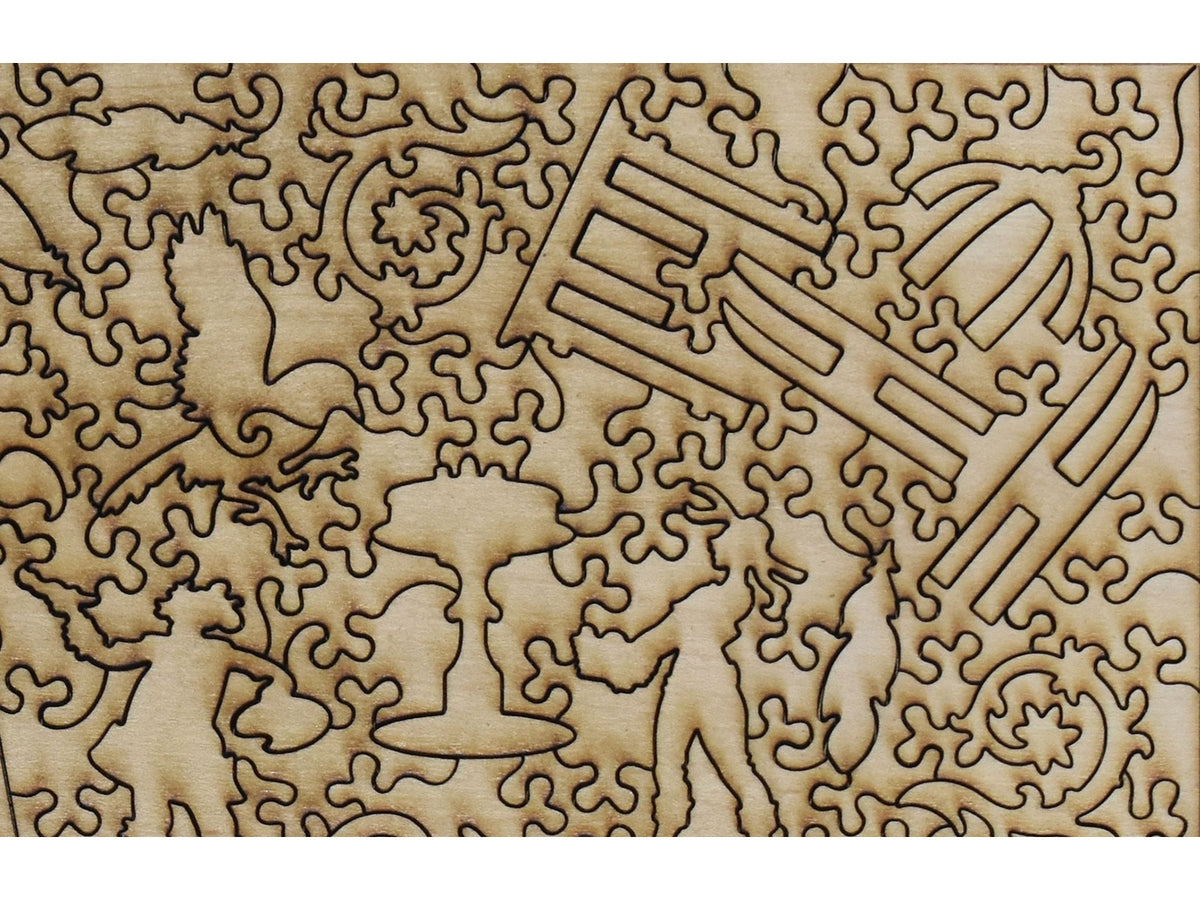 A closeup of the back of the puzzle, The Pink Tablecloth, showing the detail in the pieces.