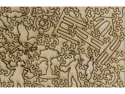 A closeup of the back of the puzzle, The Pink Tablecloth, showing the detail in the pieces.