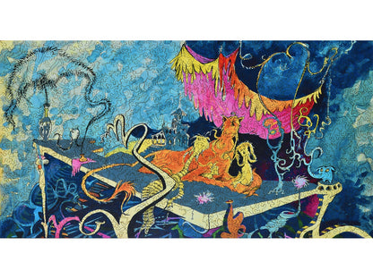 The front of the puzzle, Relaxed in Spite of It, which shows some creatures relaxing underneath a pink canopy.