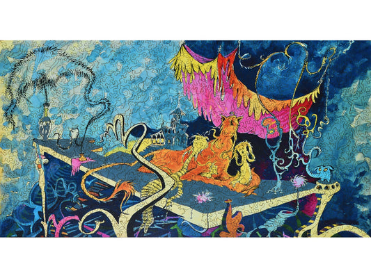 The front of the puzzle, Relaxed in Spite of It, which shows some creatures relaxing underneath a pink canopy.