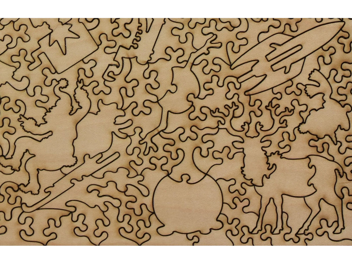 A closeup of the back of the puzzle, Santa's Toboggan Ride, showing the detail in the pieces.