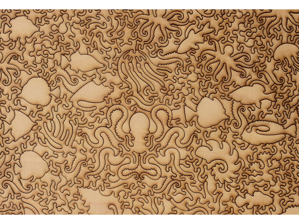 A closeup of the back of the puzzle, Sea Change Project, showing the detail in the pieces.
