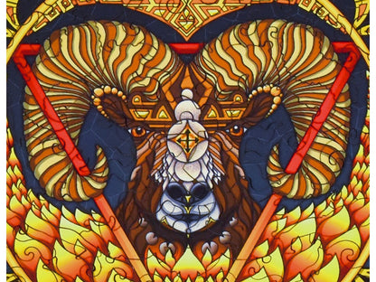 A closeup of the front of the puzzle, Seven Chakras, showing the detail in the pieces of the Ram.