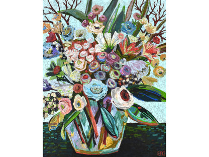 The front of the puzzle, Social Graces, with a vase of flowers.
