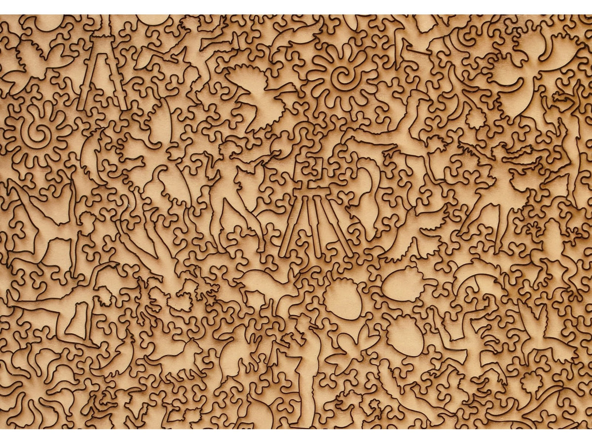 A closeup of the back of the puzzle, Sunday Afternoon in the Country, showing the detail in the pieces.