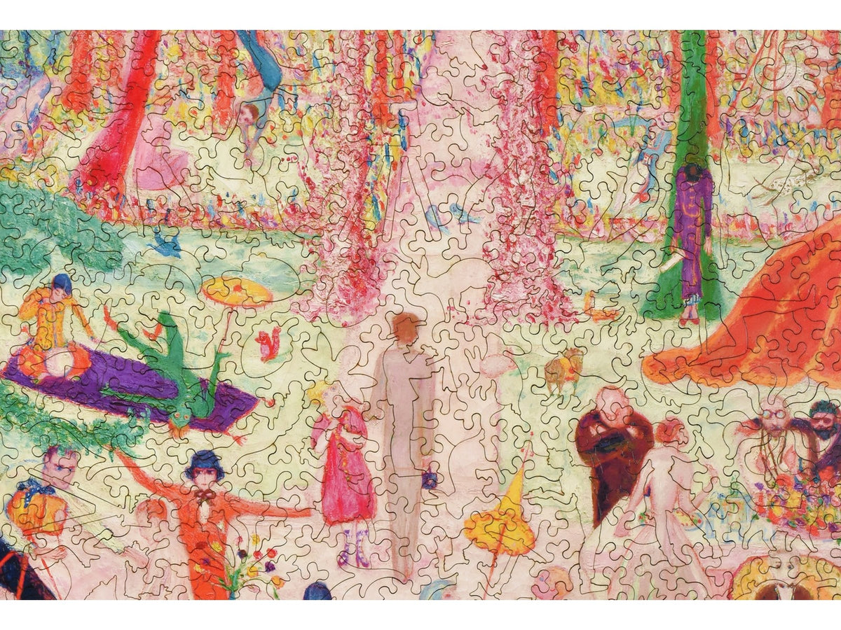 A closeup of the front of the puzzle, Sunday Afternoon in the Country, showing the detail in the pieces.