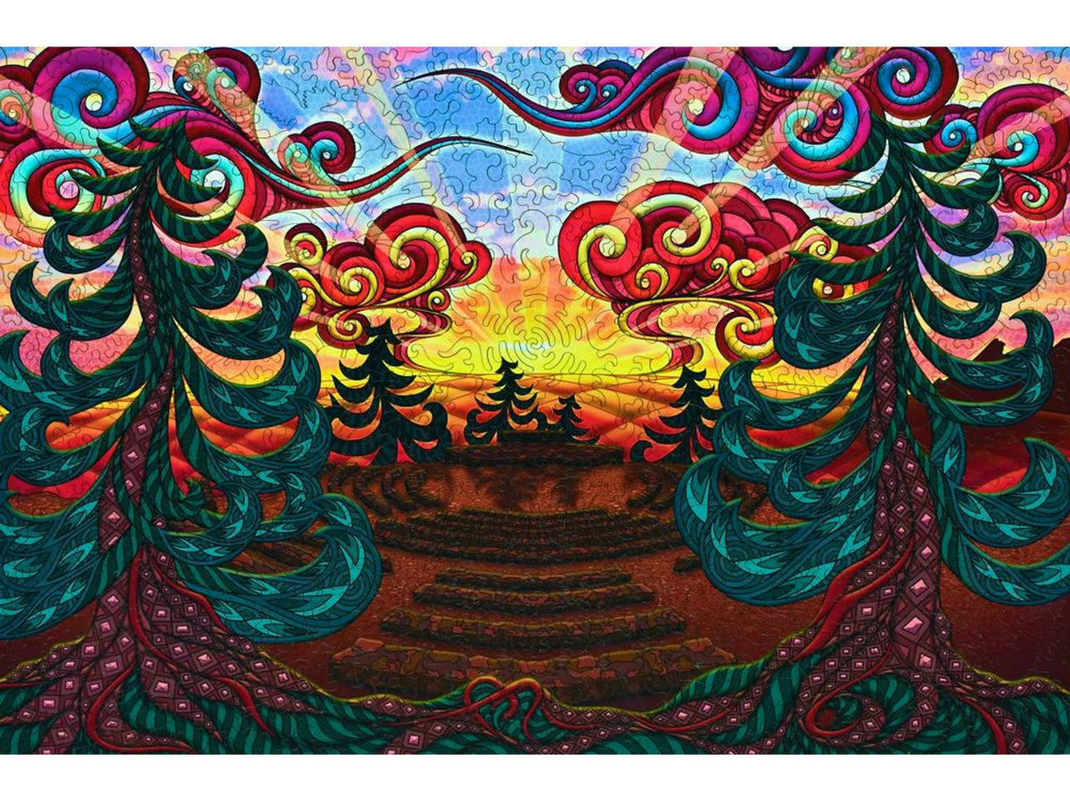 The front of the puzzle, Sunrise Circle, which shows an amphitheater in the mountains at sunrise.