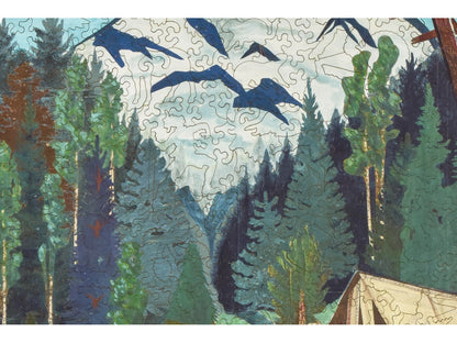 A closeup of the front of the puzzle, Tent Camping, showing the detail in the pieces.