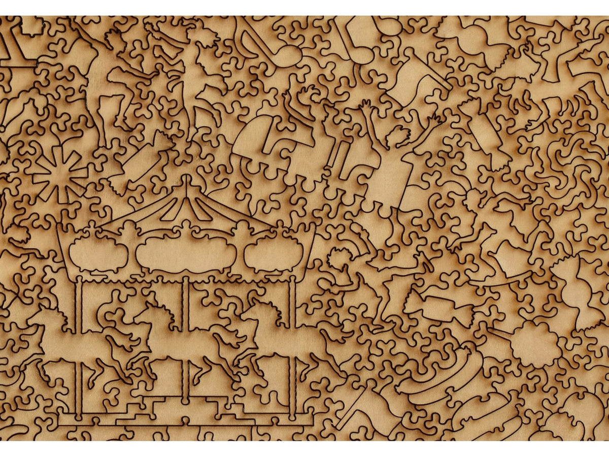 A closeup of the back of the puzzle, The Fair, showing the detail in the pieces.