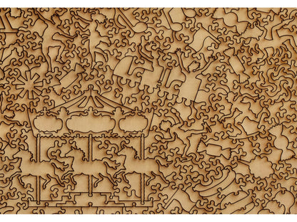 A closeup of the back of the puzzle, The Fair, showing the detail in the pieces.