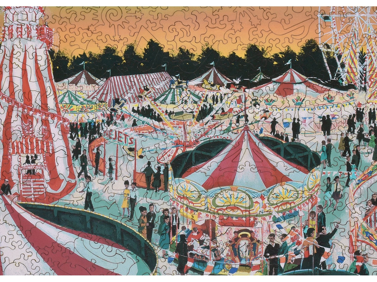 A closeup of the front of the puzzle, The Fair, showing the detail in the pieces.