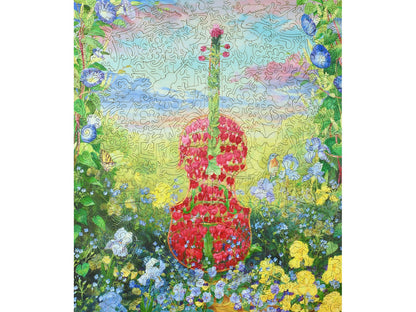 The front of the puzzle, Three Cellos - Bleeding Heart, showing a cello made out of flowers.