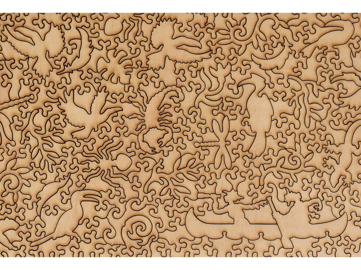 A closeup of the back of the puzzle, Toucans and Hornbills, showing the detail in the pieces.