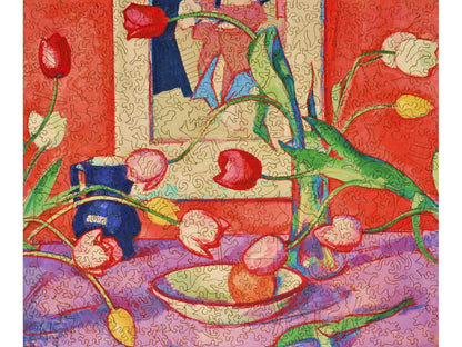 The front of the puzzle, Tulips - The Blue Jug, which shows a table with a vase of flowers and a blue pitcher.
